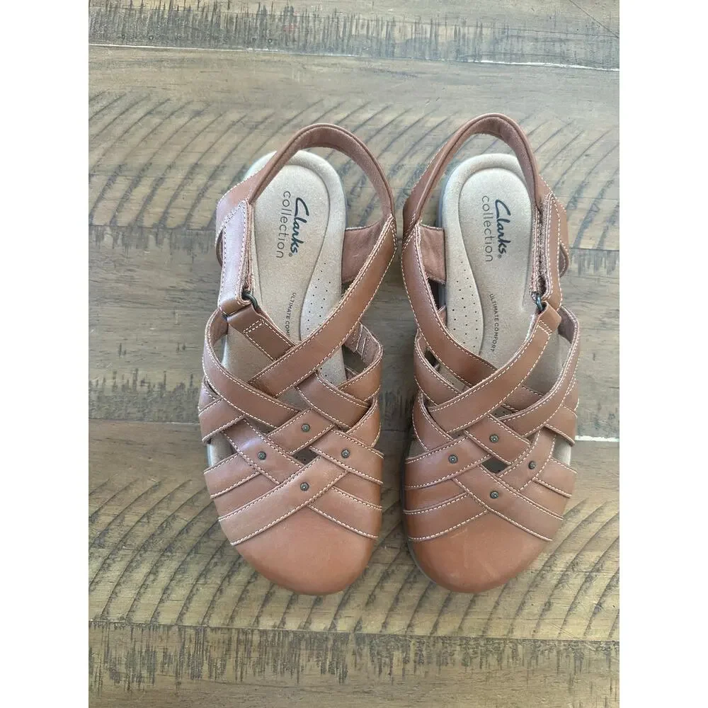 Clarks Elizabelle Fisherman Sea Woven Strappy Slingback Sandals Tan Leather 8.5